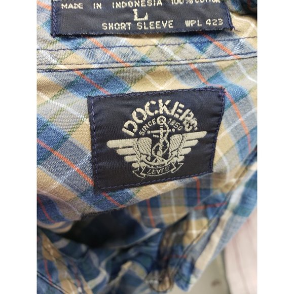 Docker's Indigo Short Sleeve Blue Plaid Size Large Button Up - Picture 2 of 11